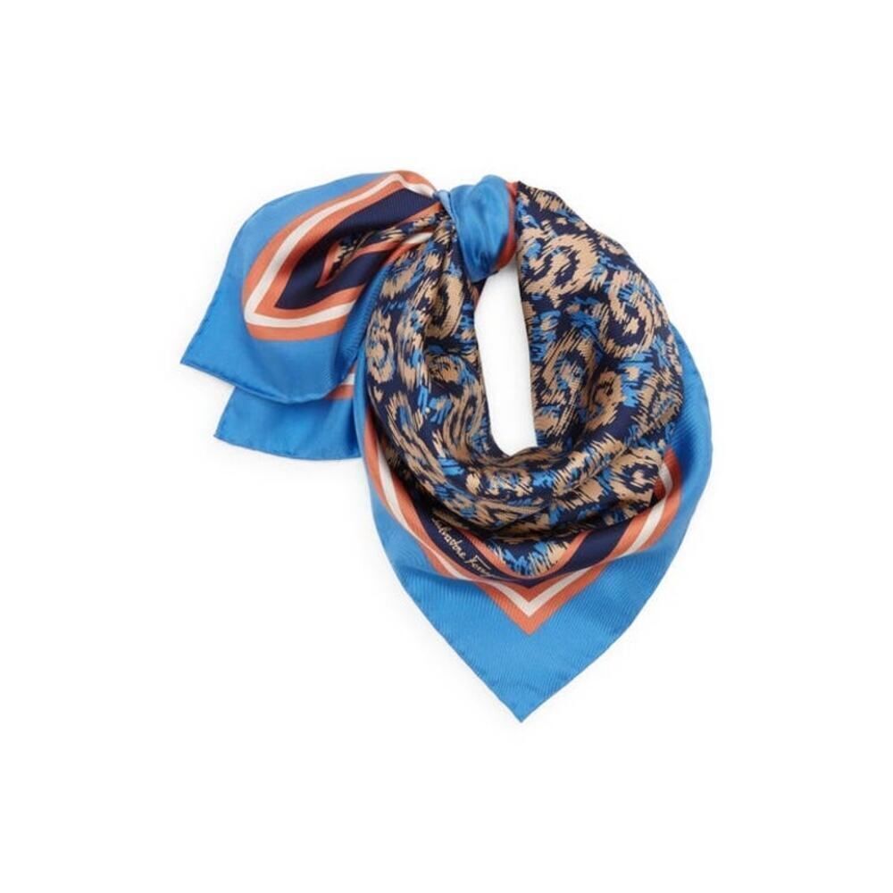 Salvatore Ferragamo Blue Tan and Orange Animal Print 100%β Silk Scarf
